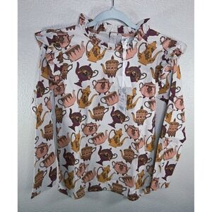 Kate Quinn Papaya Teapots Ruffle Long Sleeve Tee 8Y Organic Cotton NWT